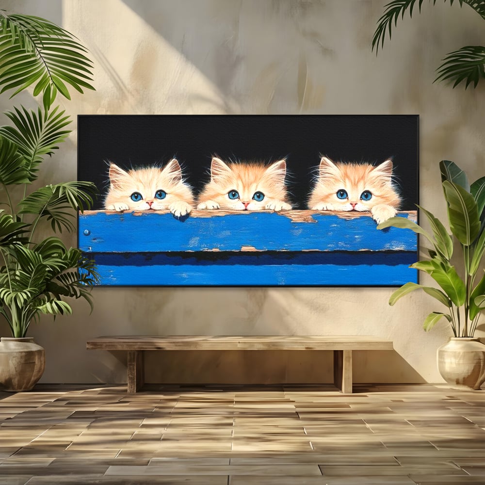 Tablou canvas cu ilustratie digitala cu trei pisicute, in rama de aluminiu negru